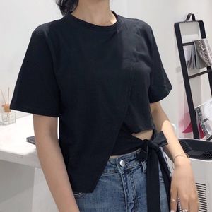Black Side Tie Asymmetrical Crop Shirt